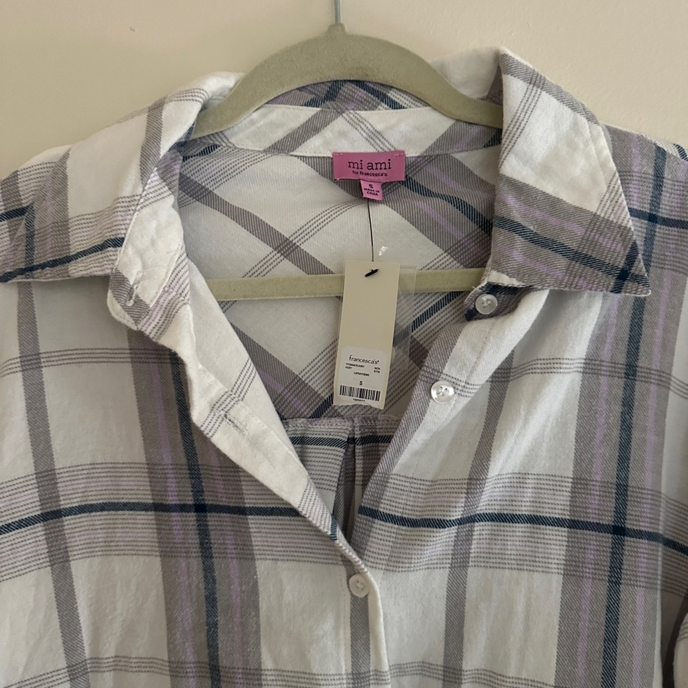 NWT Mi Ami Plaid Button-Up Shirt with Frayed Hem - Picture 2 of 3